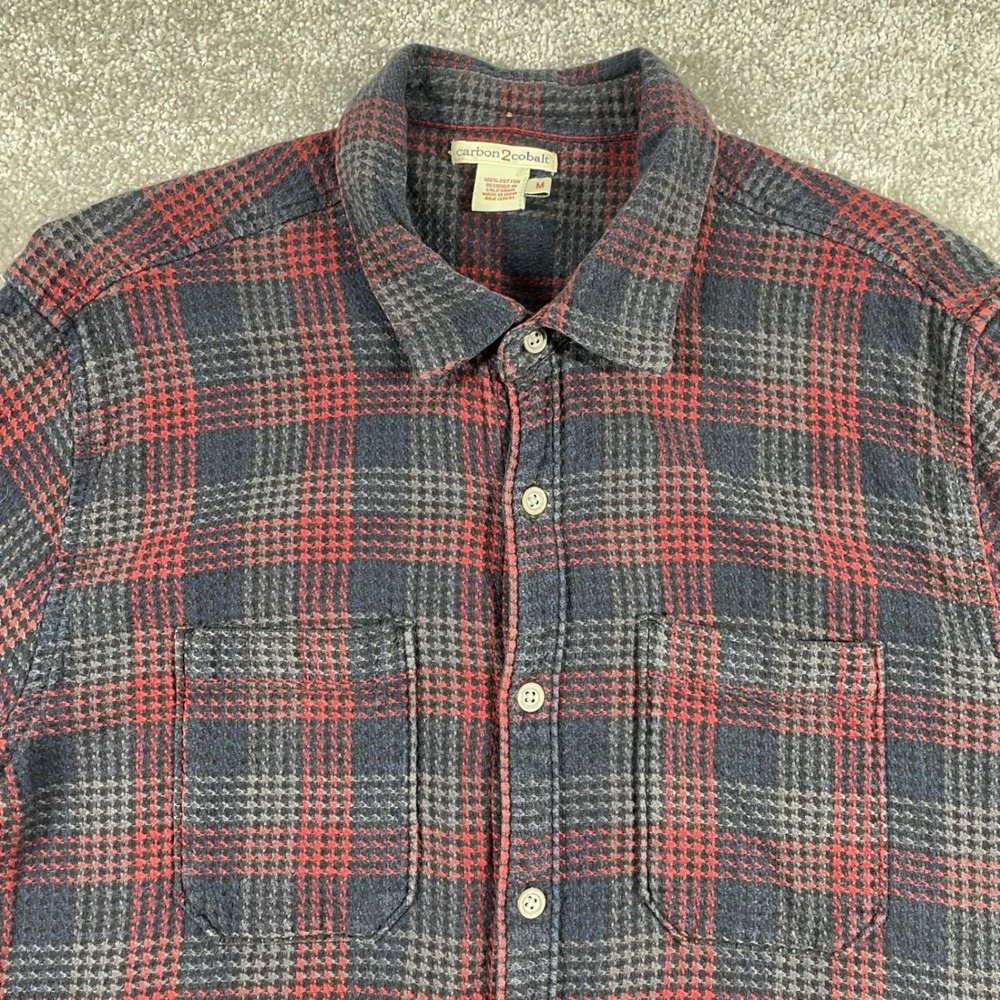 Carbon 2 Cobalt Flannel Shirt Mens Medium Plaid Button Up Cotton Red Black Gray - Picture 1 of 14